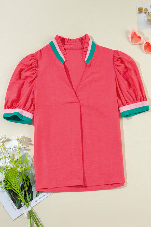 Southern Belle Colorful Trim V-Neck Puff Sleeve Blouse